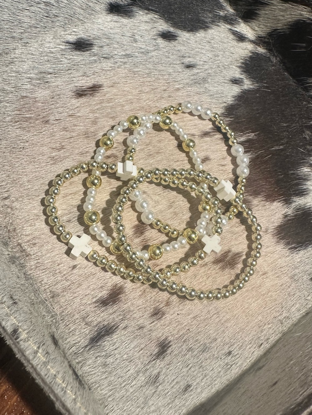 Gold and White Beaded Bracelet Set